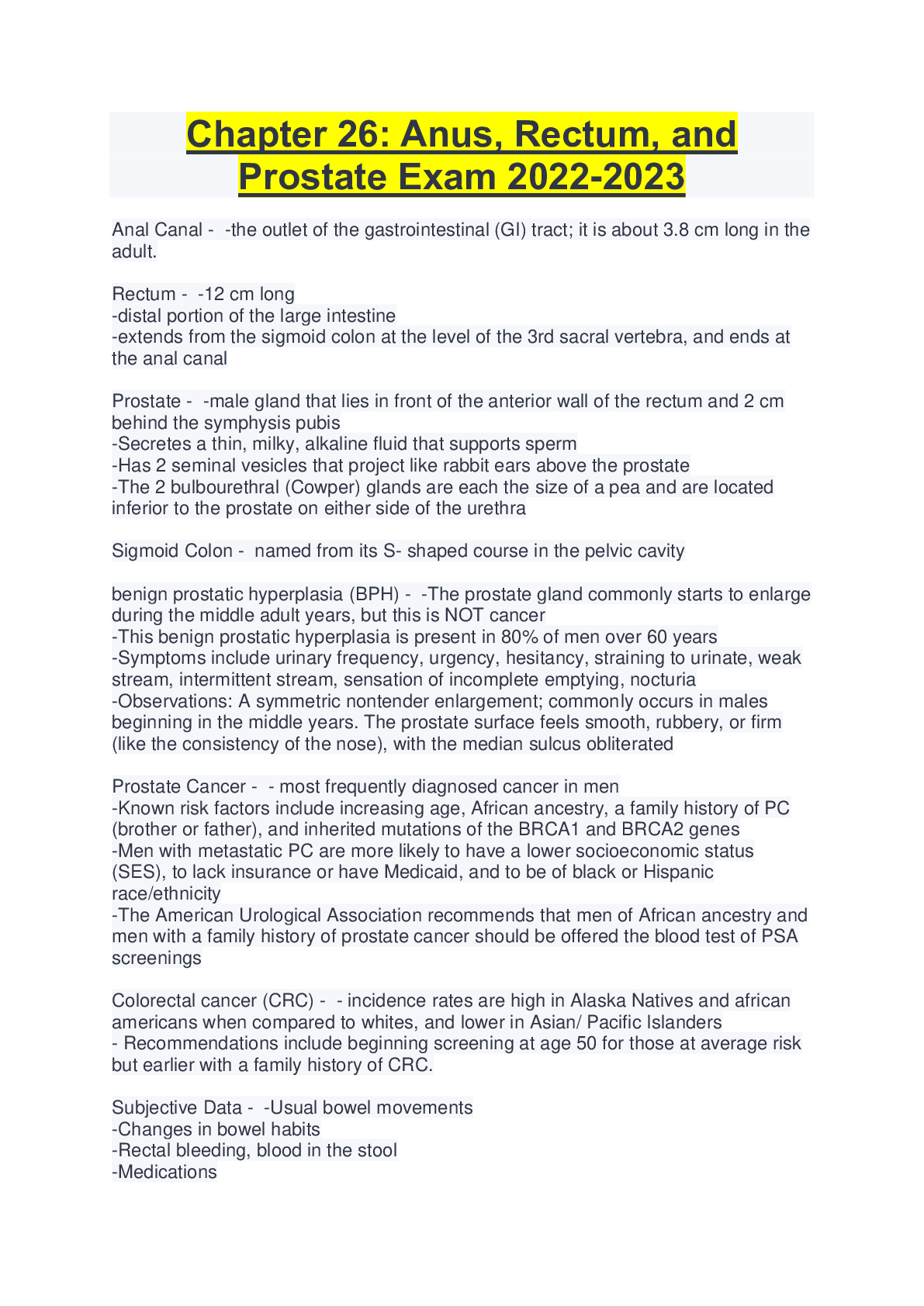 Preview image of Chapter 26: Anus, Rectum, and  Prostate Exam 2022-2023 document